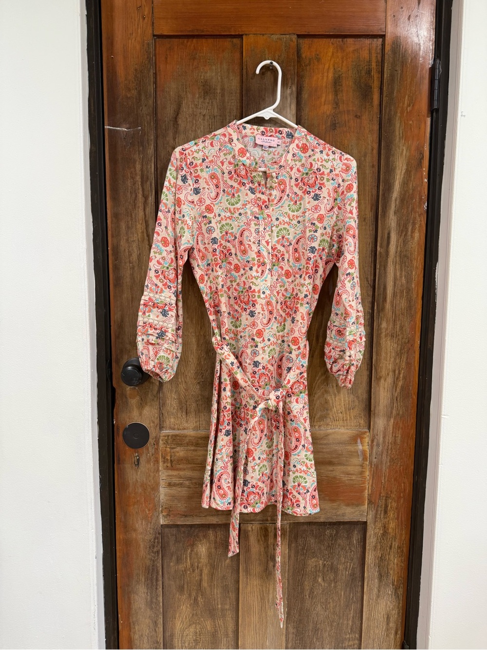 Calypso St. Barth Pink Paisley Midi Dress with Tie Waist